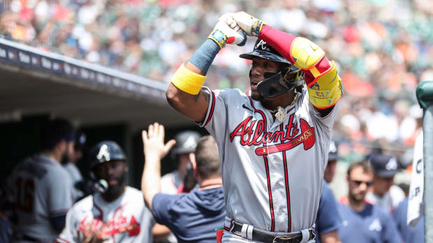 Braves right fielder Ronald Acuna Jr. celebrates a homer against Tigers during the third inning of the first game of the doubleheader at Comerica Park on Wednesday, June 14, 2023.