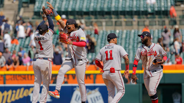 Jun 14, 2023; Detroit, Michigan, USA; Atlanta Braves celebrate after defeating the Detroit Tigers at Comerica Park.