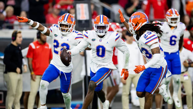 Safety Trey Dean (0) celebrates a turnover for Florida
