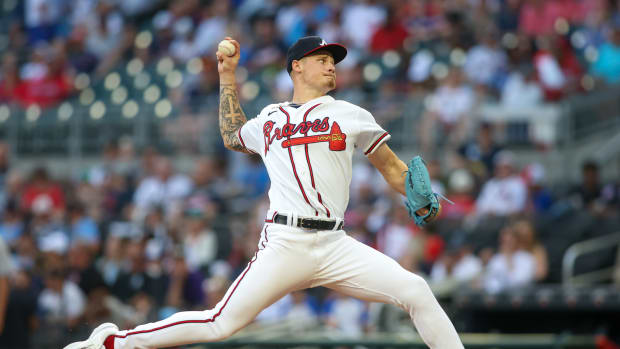 Jun 15, 2023; Atlanta, Georgia, USA; Atlanta Braves starting pitcher AJ Smith-Shawver (62) throws against the Colorado Rockies in the third inning at Truist Park.