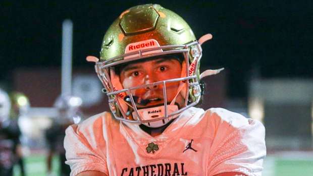 Cathedral Danny O'neil (18) strikes a pose for photographers following his run and score during Cathedral vs Lawrence Central at the IHSAA Football S6 Sectional Championship, Nov 4, 2022; Indianapolis, IN, at Lawrence Central High School.