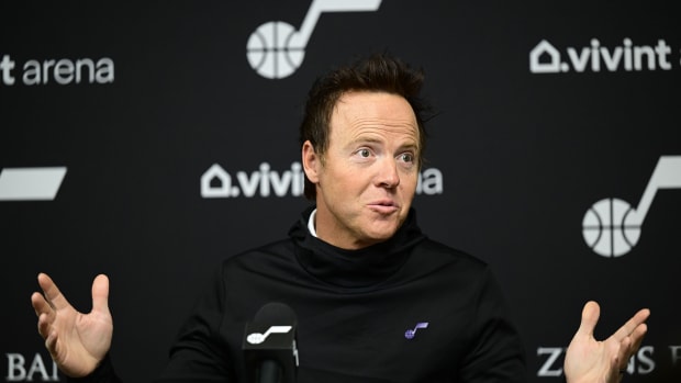 Utah Jazz owner Ryan Smith speaks about the NBA All-Star availability in Salt Lake City, Utah at Vivint Arena.