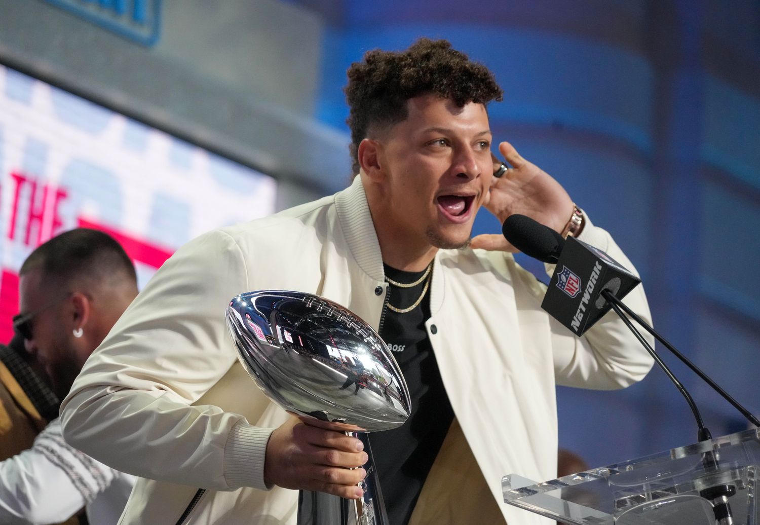 Apr 27, 2023; Kansas City, MO, USA; Kansas City Chiefs quarterback Patrick Mahomes greets fans during the first round of the 2023 NFL Draft at Union Station. Mandatory Credit: Kirby Lee-USA TODAY Sports