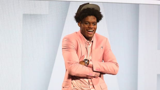 Taylor Hendricks (UCF) reacts after being selected ninth by the Utah Jazz in the first round of the 2023 NBA Draft at Barclays Arena.