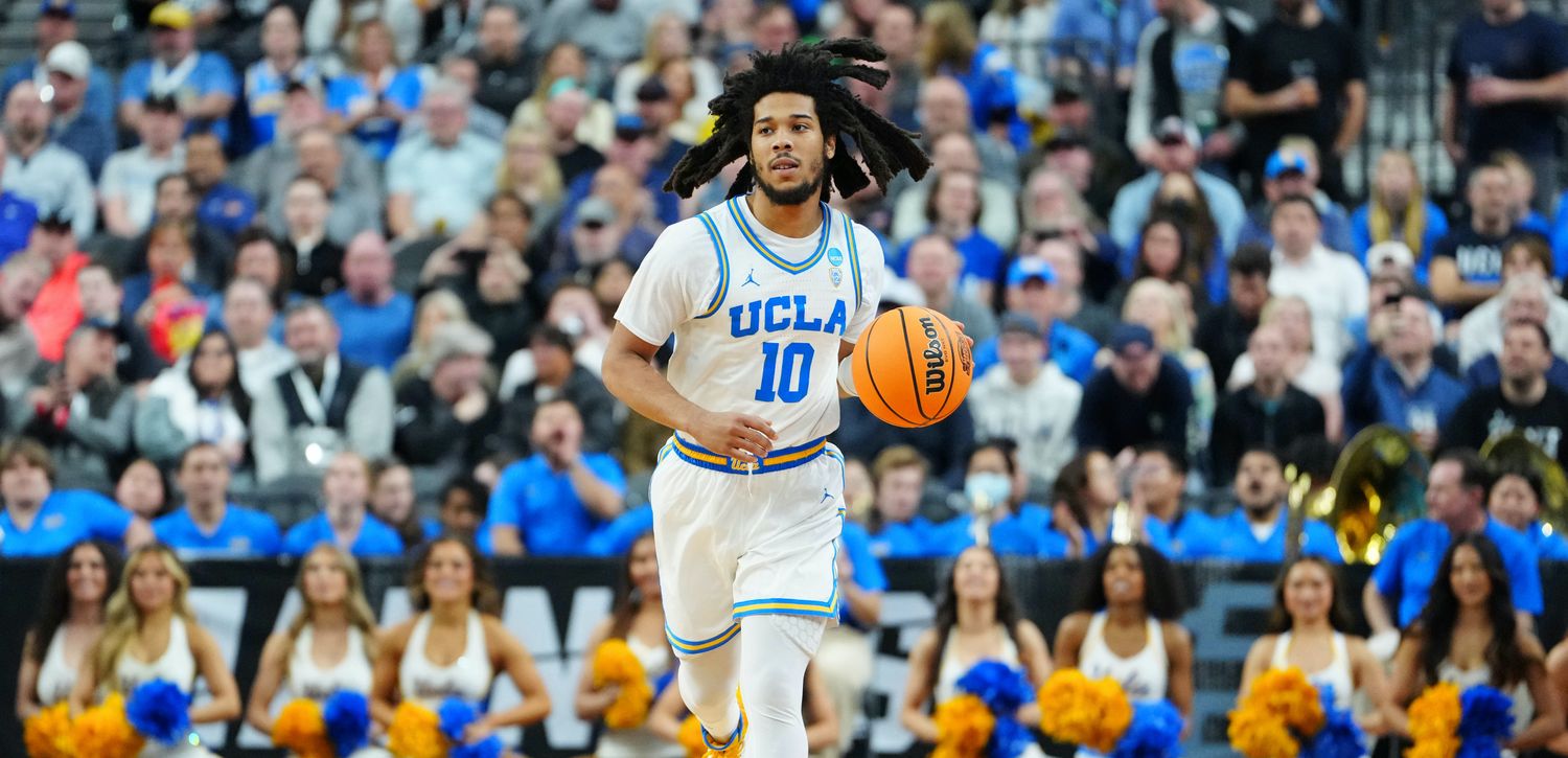 Mar 23, 2023; Las Vegas, NV, USA; UCLA Bruins guard Tyger Campbell (10) dribbles the ball against the Gonzaga Bulldogs during the first half at T-Mobile Arena.