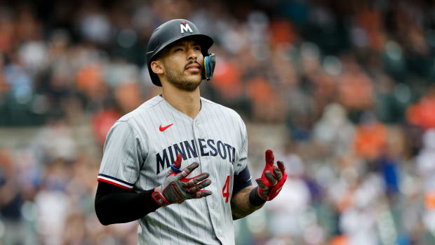 Jun 25, 2023; Detroit, Michigan, USA; Minnesota Twins shortstop Carlos Correa (4) reacts after he lines out in the ninth inning against the Detroit Tigers at Comerica Park.