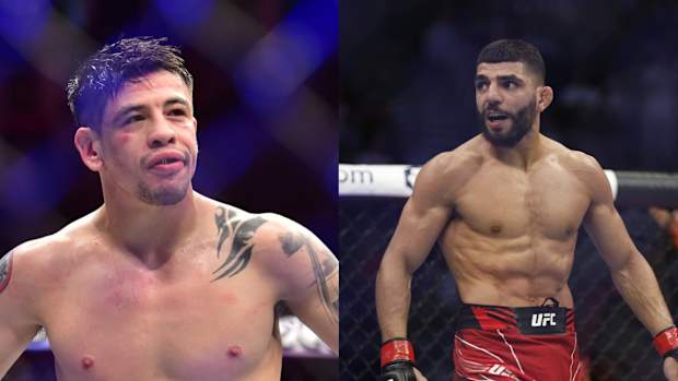 UFC Flyweight Champion Brandon Moreno and Amir Albazi inside the Octagon.