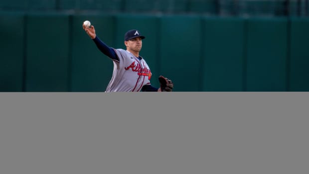 May 30, 2023; Oakland, California, USA; Atlanta Braves third baseman Austin Riley (27) throws out Oakland Athletics center fielder Esteury Ruiz (not pictured) during the first inning at Oakland-Alameda County Coliseum.
