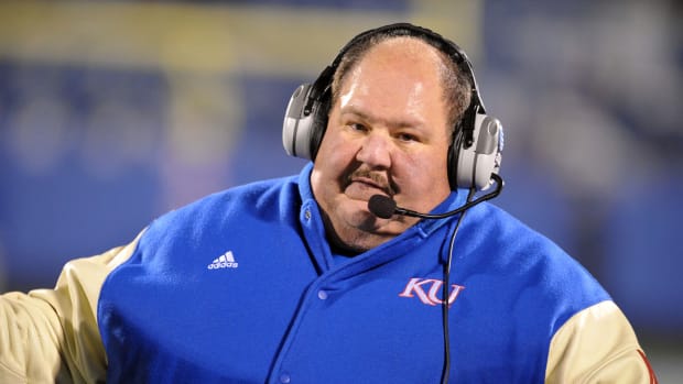 Nov 14, 2009; Lawrence, KS, USA; Kansas Jayhawks head coach Mark Mangino on the sidelines against the Nebraska Cornhuskers in the second half at Memorial Stadium. Nebraska won the game 31-17. Mandatory Credit: John Rieger-USA TODAY Sports
