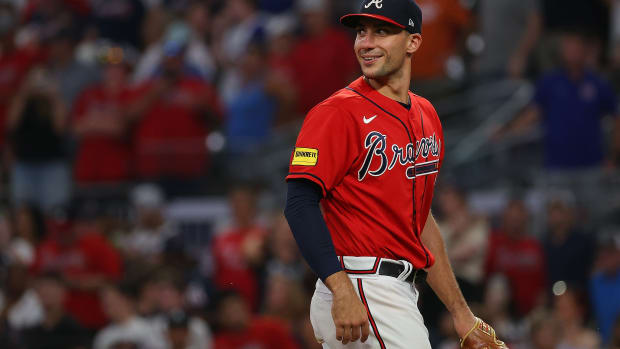 ATLANTA, GEORGIA - JUNE 30: Matt Olson #28 of the Atlanta Braves reacts after their 16-4 win over the Miami Marlins at Truist Park on June 30, 2023 in Atlanta, Georgia. (Photo by Kevin C. Cox/Getty Images)