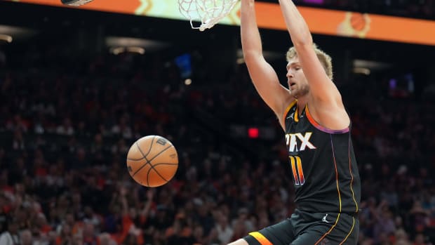 May 11, 2023; Phoenix, Arizona, USA; Phoenix Suns center Jock Landale (11) dunks against the Denver Nuggets during the first half of game six of the 2023 NBA playoffs at Footprint Center. Mandatory Credit: Joe Camporeale-USA TODAY Sports