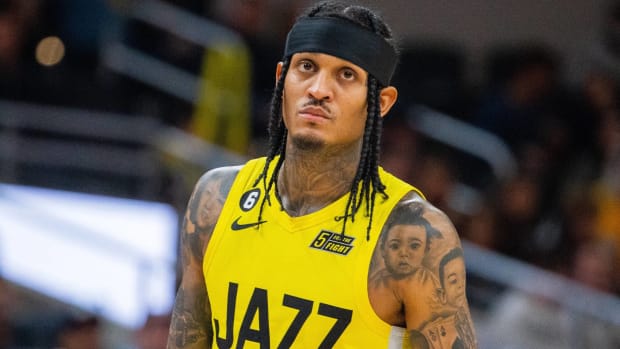 Utah Jazz point guard Jordan Clarkson looks on during a game.