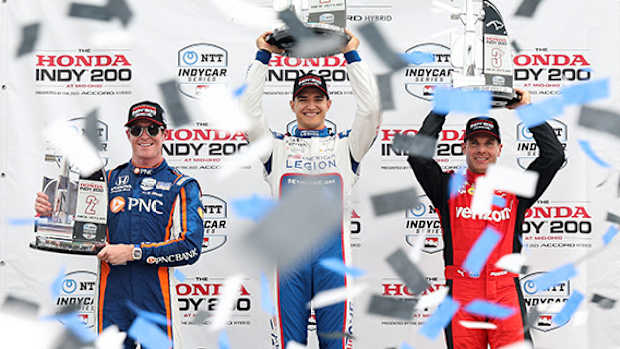Alex Palou (center) celebrates his win Sunday at Mid-Ohio. Teammate Scott Dixon (left) finished runner-up, while Will Power (right) wound up third. Photo courtesy IndyCar.