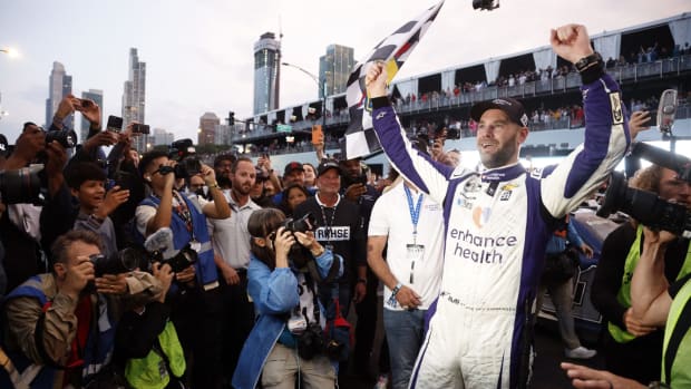 Shane Van Gisbergen celebrates after winning his NASCAR Cup debut in the inaugural Chicago street race. Photo courtesy NASCAR.