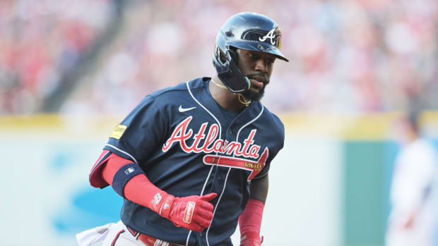 Jul 3, 2023; Cleveland, Ohio, USA; Atlanta Braves center fielder Michael Harris II (23) rounds the bases after hitting a home run during the third inning against the Cleveland Guardians at Progressive Field. Mandatory Credit: Ken Blaze-USA TODAY Sports