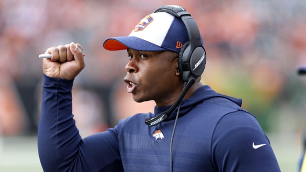 Denver Broncos head coach Vance Joseph reacts during the first quarter against the Cincinnati Bengals at Paul Brown Stadium.