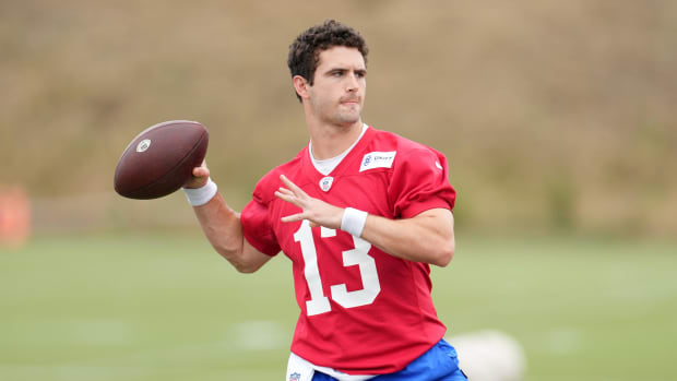 Jun 14, 2023; Thousand Oaks, CA, USA; Los Angeles Rams quarterback Stetson Bennett (13) throws the ball during minicamp at Cal Lutheran University. Mandatory Credit: Kirby Lee-USA TODAY Sports