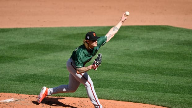 National League Futures relief pitcher Carson Whisenhunt of the SF Giants pitches to the American League during the third inning of the All Star-Futures game at T-Mobile Park. (2023)