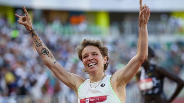 Track and Field runner Nikki Hiltz celebrates after they won the USATF 1500-meter title.