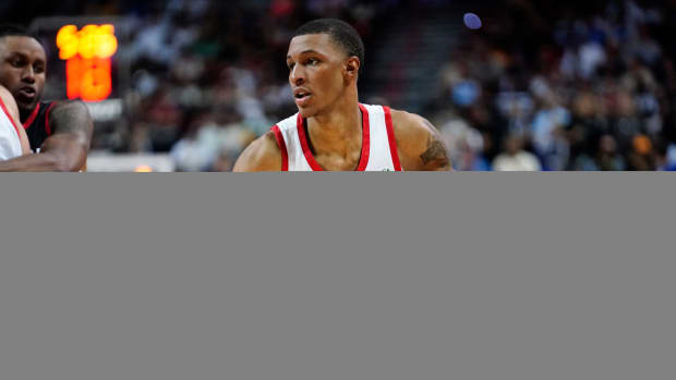 Jul 7, 2023; Las Vegas, NV, USA; Houston Rockets forward Jabari Smith Jr. (10) dribbles the ball against the Portland Trail Blazers during the second half at Thomas & Mack Center. Mandatory Credit: Lucas Peltier-USA TODAY Sports