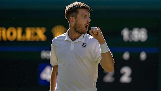 Cameron Norrie (GBR) reacts to a point during his match against Christopher Eubanks (USA) on day five of Wimbledon at the All England Lawn Tennis and Croquet Club.