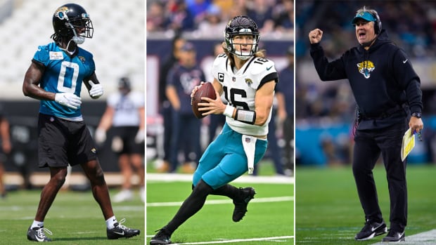 Calvin Ridley stands at OTAs; Trevor Lawrence runs with the ball; Doug Pederson stands on the sidelines yelling with his fist raised