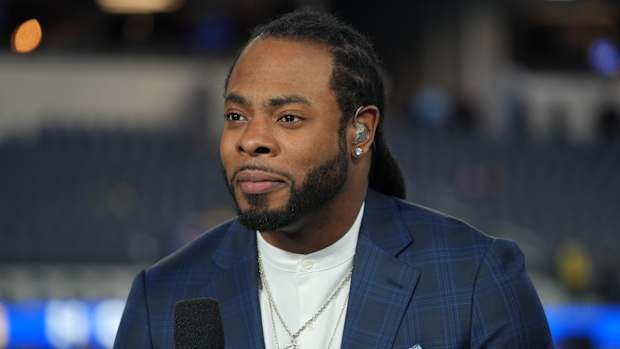 Dec 8, 2022; Inglewood, California, USA; Richard Sherman on the Prime Video Thursday Night Football set at SoFi Stadium. Mandatory Credit: Kirby Lee-USA TODAY Sports