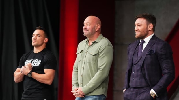 UFC's Michael Chandler, Dana White, and Conor McGregor on the set of "The Ultimate Fighter" season 31.