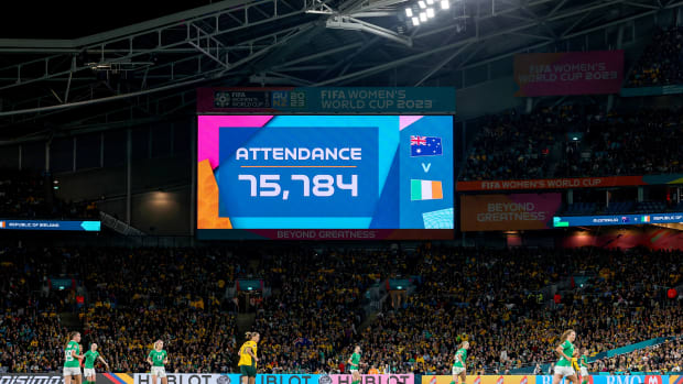 A photo taken during a game at the 2023 Women's World Cup between Australia and Ireland, which was watched live by 75,784 fans at Sydney's Stadium Australia