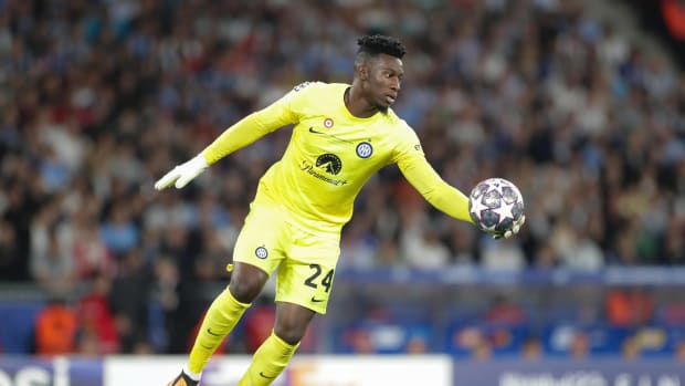 Goalkeeper Andre Onana pictured playing for Inter Milan in the 2023 UEFA Champions League final against Manchester City