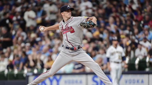 Jul 22, 2023; Milwaukee, Wisconsin, USA; Atlanta Braves pitcher Allan Winans (72) pitches against the Milwaukee Brewers in the first inning at American Family Field. Mandatory Credit: Benny Sieu-USA TODAY Sports