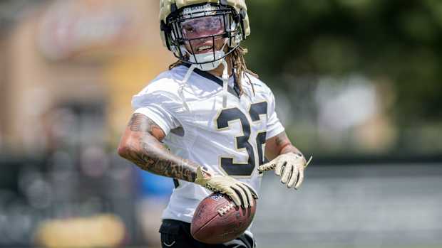 ew Orleans Saints safety Tyrann Mathieu (32) looks on during minicamp
