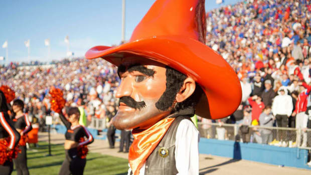 Nov 5, 2022; Lawrence, Kansas, USA; The Oklahoma State Cowboys mascot watches play against the Kansas Jayhawks during the second half of the game at David Booth Kansas Memorial Stadium. Mandatory Credit: Denny Medley-USA TODAY Sports