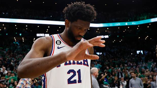 Philadelphia 76ers center Joel Embiid leaves the court