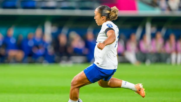 Lauren James pictured scoring for England in a 1-0 win over Denmark during the 2023 FIFA Women's World Cup group stage