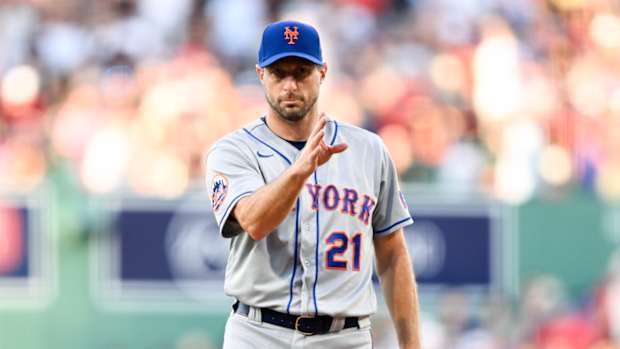 Mets pitcher Max Scherzer gestures during a game.