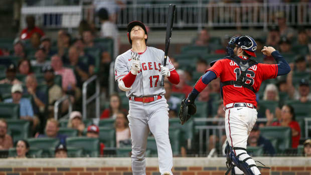 Jul 22, 2022; Atlanta, Georgia, USA; Los Angeles Angels starting pitcher Shohei Ohtani (17) reacts after a strikeout against the Atlanta Braves in the seventh inning at Truist Park.