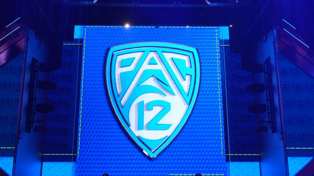 The Pac-12 Conference logo during Pac-12 Media Day at Resorts World Las Vegas