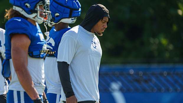 Indianapolis Colts running back Jonathan Taylor (28) stands near other running backs during drills Monday, July 31, 2023, during training camp at the Grand Park Sports Campus in Westfield, Indiana.