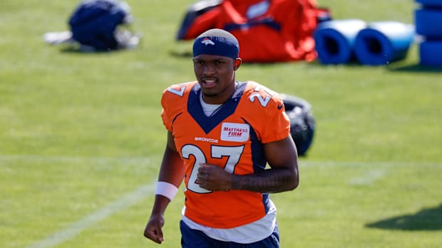 Jul 28, 2023; Englewood, CO, USA; Denver Broncos cornerback Damarri Mathis (27) during training camp at Centura Health Training Center.