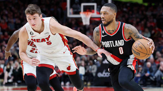 Damian Lillard drives into the paint vs. the Heat.