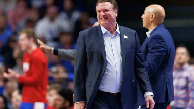 Jan 28, 2023; Lexington, Kentucky, USA; Kansas Jayhawks head coach Bill Self laughs during the first half against the Kentucky Wildcats at Rupp Arena at Central Bank Center.