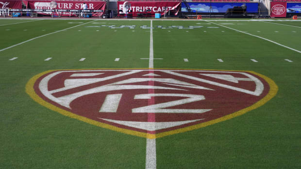 The Pac-12 Conference logo at United Airlines Field at Los Angeles Memorial Coliseum before a game between the Fresno State Bulldogs and the Southern California Trojans