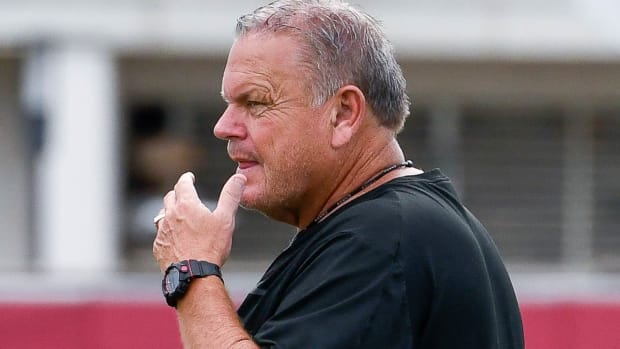 Razorbacks coach Sam Pittman at a fall practice in Fayetteville