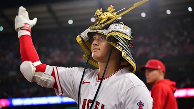 August 3, 2023; Anaheim, California, USA; Los Angeles Angels starting pitcher Shohei Ohtani (17) celebrates after hitting a solo home run against the Seattle Mariners during the eighth inning at Angel Stadium. Mandatory Credit: Gary A. Vasquez-USA TODAY Sports