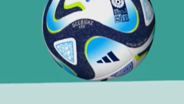 A close-up image showing how far over the line Lina Hurtig's winning kick was during Sweden's 5-4 shootout victory over the USA at the 2023 FIFA Women's World Cup