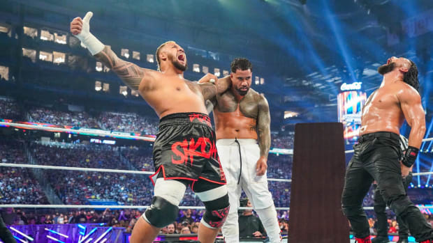Solo Sikoa, Jey Uso and Roman Reigns in the ring at SummerSlam