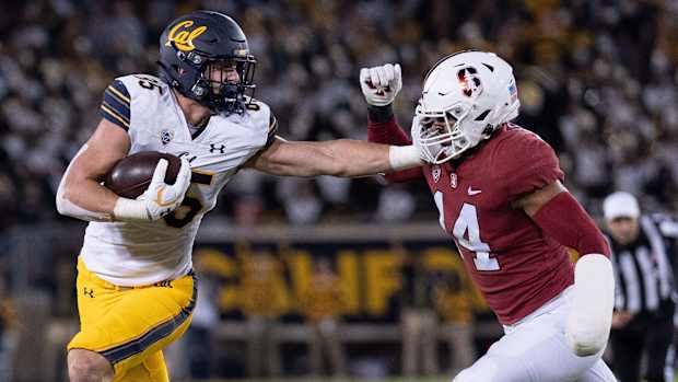 California Golden Bears tight end Jake Tonges and Stanford Cardinal linebacker Jacob Mangum-Farrar