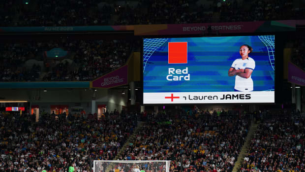 A giant screen at Brisbane Stadium pictured announcing a red card for England forward Lauren James shortly after she had been sent off for violent conduct during a game against Nigeria at the 2023 FIFA Women's World Cup