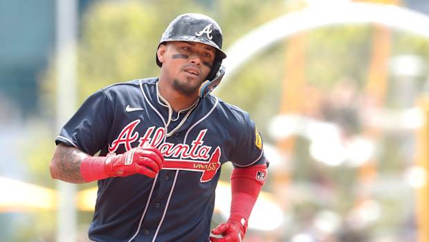 Aug 10, 2023; Pittsburgh, Pennsylvania, USA; Atlanta Braves shortstop Orlando Arcia (11) circles the bases on a solo home run against the Pittsburgh Pirates during the second inning at PNC Park.